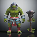 Green Skinned Muscular Orc Like Monster With Decorative Blue Red Outfit Holding Spiked Mace Weapon