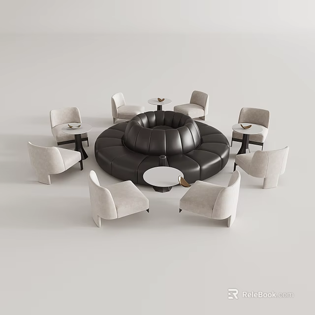 Modern Circular Black Sofa And Coffee Table Set With Light Colored Chairs 3d model