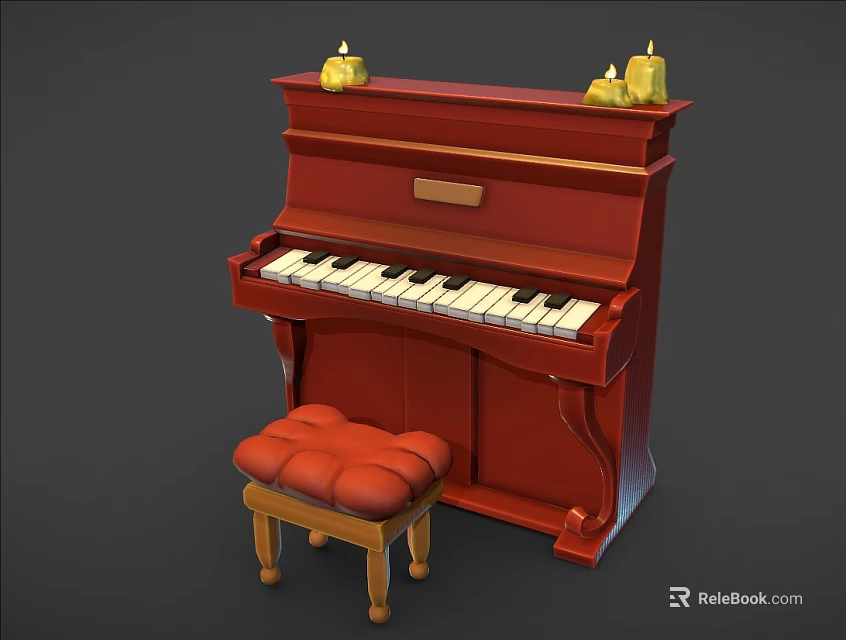 Red Wooden Upright Piano With Tufted Stool And Decorative Candles On Top 3d model 