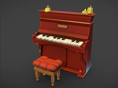 Red Wooden Upright Piano With Tufted Stool And Decorative Candles On Top 3d model