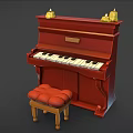 Red Wooden Upright Piano With Tufted Stool And Decorative Candles On Top