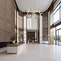 Modern Hotel Lobby Interior With Chandelier Marble Reception Desk And Large Windows