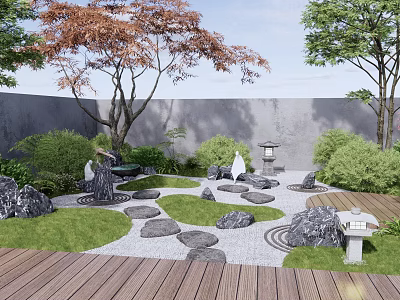 Japanese Dry Landscape Garden With Stone Path Moss Lantern Green Shrubs And Wooden Deck 3d model