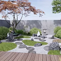 Japanese Dry Landscape Garden With Stone Path Moss Lantern Green Shrubs And Wooden Deck