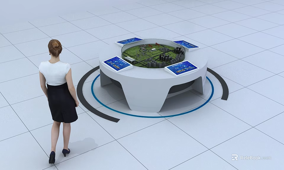 Woman Observing Interactive Sand Table With Circular Design Surrounding Screens And Green Terrain Building Model 3d model 