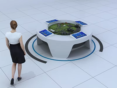 Woman Observing Interactive Sand Table With Circular Design Surrounding Screens And Green Terrain Building Model 3d model