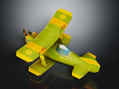 Green and Yellow Toy Airplane with Propeller Cockpit Window and Round Wing Markings 3d model