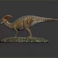 Colorful Dinosaur Model With Orange Horn And Blue Stripes On Circular Green Rimmed Sandy Base