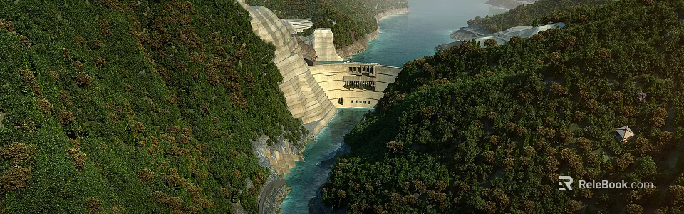 Scenic Natural View of Dam with Lush Green Mountains and Flowing River 3d model 