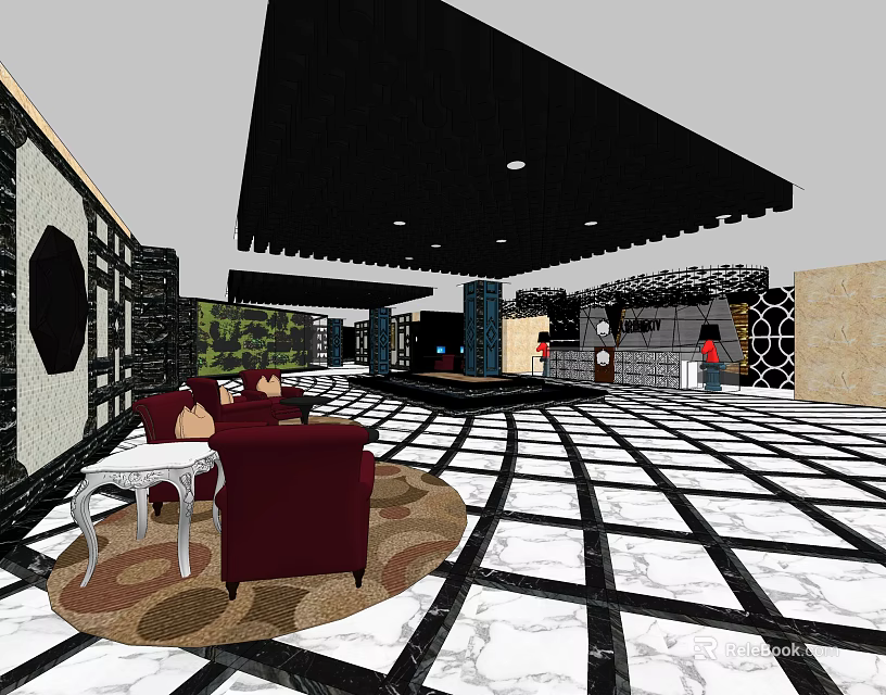 KTV Lounge Interior With Red Sofas Black Ceiling Checkered Floor And Decorative Walls 3d model