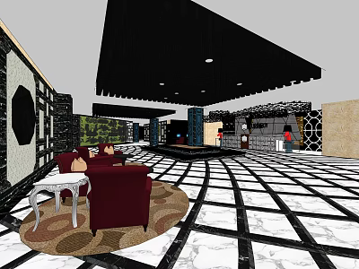 KTV Lounge Interior With Red Sofas Black Ceiling Checkered Floor And Decorative Walls 3d model