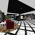 KTV Lounge Interior With Red Sofas Black Ceiling Checkered Floor And Decorative Walls 3d model