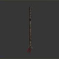 Ornate Ancient Weapon With Long Red Brown Handle And Green Gemstone Adorned Head