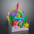 Vibrant Marine Animals in 3D Coral Reef Model with Colorful Seaweed and Plants