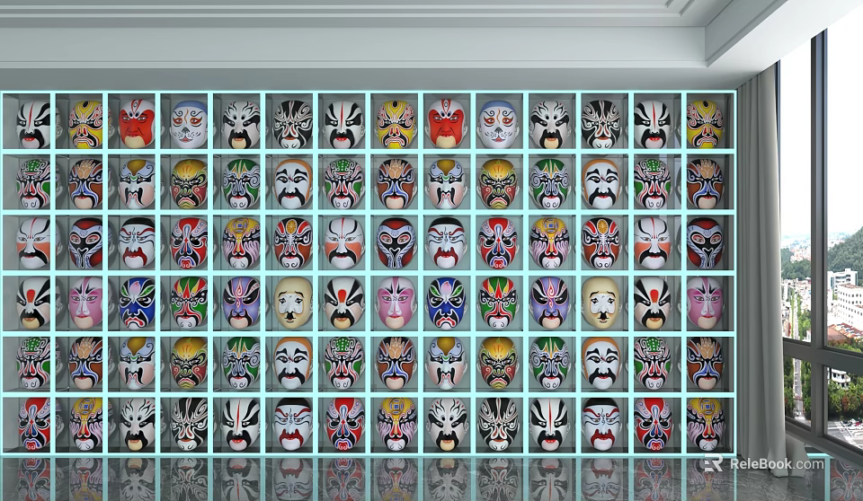 Decorative Background Wall Featuring Arranged Traditional Chinese Opera Masks Collection 3d model