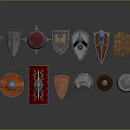 Various Decorative Shields With Round Pointed And Emblem Designs In Metal And Wooden Styles