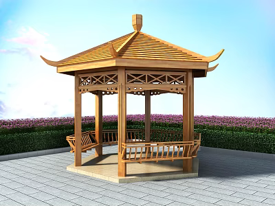 Traditional Wooden Pavilion in Garden with Purple Flowers Green Shrubs Stone Pavement and Blue Sky 3d model