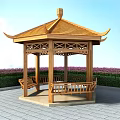 Traditional Wooden Pavilion in Garden with Purple Flowers Green Shrubs Stone Pavement and Blue Sky
