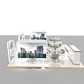 Modern Exhibition Booth With Display Screens Tables Chairs Decorative Flowers And Display Cabinets