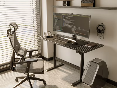 Modern Home Office Desk With Ergonomic Chair Computer Monitor Keyboard And Speaker 3d model
