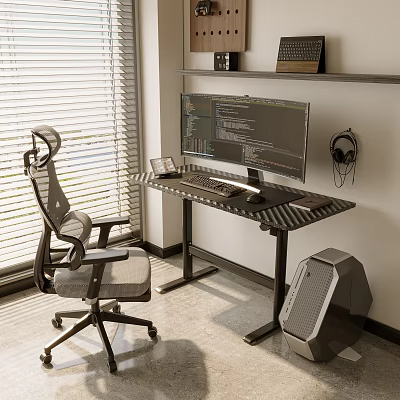 Modern Home Office Desk With Ergonomic Chair Computer Monitor Keyboard And Speaker 3d model