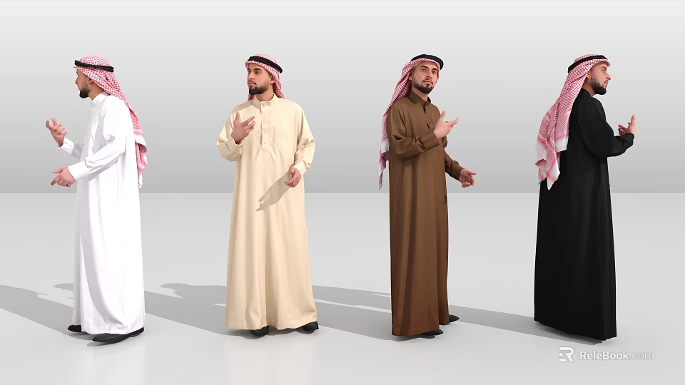 Arab Men In Traditional Robes With Different Colors And Headscarves Posing 3d model 
