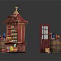Red Wooden Kiosk with Gabled Roof Open Door and Colorful Packages Alongside Barrels