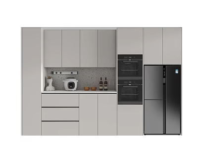 Modern Kitchen Cabinet Design With Oven Refrigerator And Kitchen Items 3d model
