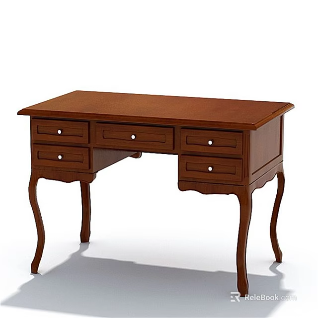 Traditional Wooden Desk with Curved Legs and Multiple Drawers for Home Office 3d model 