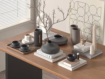 Modern Minimalist Ornaments Combination Jewelry Ornaments Books Dried Branches Vase Tea Tray 3d model