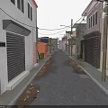 Urban Narrow Street With Buildings Roller Shutters Trash Bins Street Lamps Overhead Power Lines
