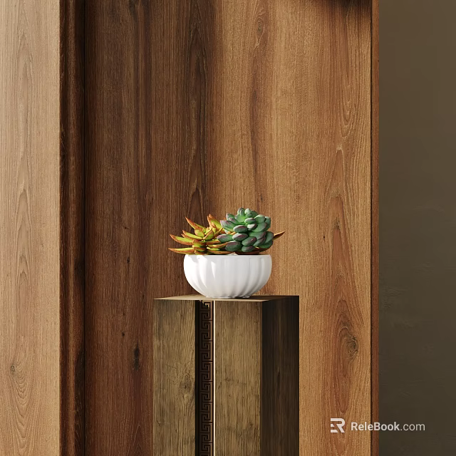 Elegant Succulent Plants In White Pot On Wooden Stand With Wooden Background 3d model 