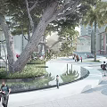 Aerial View of Modern Plaza Landscape with Trees Lawns Circular Paths and Recreational Areas