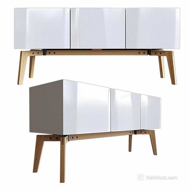 Modern Glossy White TV Cabinet with Wooden Legs and Storage Cabinets 3d model 