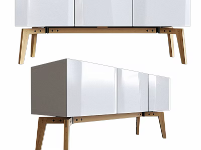 Modern Glossy White TV Cabinet with Wooden Legs and Storage Cabinets 3d model