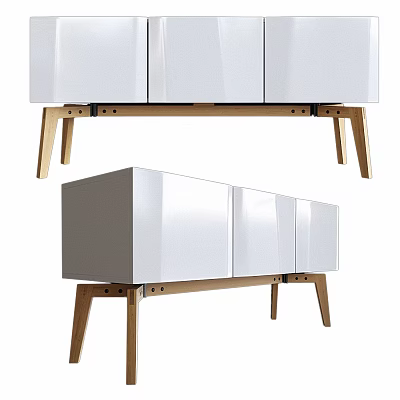 Modern Glossy White TV Cabinet with Wooden Legs and Storage Cabinets 3d model