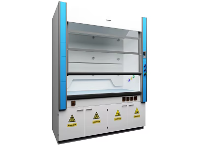 Medical Laboratory Fume Hood Equipment With Blue Frames Transparent Glass Doors Cabinets And Warning Signs 3d model
