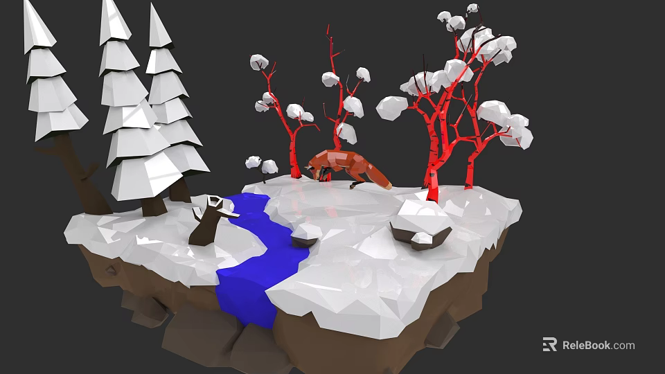 Snowy Landscape with Blue Stream White Conifer Trees Red Trees and Orange Fox 3d model 