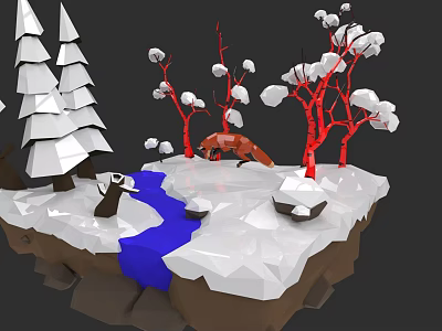 Snowy Landscape with Blue Stream White Conifer Trees Red Trees and Orange Fox 3d model