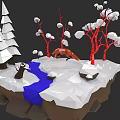Snowy Landscape with Blue Stream White Conifer Trees Red Trees and Orange Fox