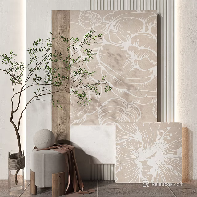 Abstract Painting Wall Art in Neutral Interior with Indoor Plant and Decor Elements 3d model 