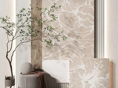 Abstract Painting Wall Art in Neutral Interior with Indoor Plant and Decor Elements 3d model