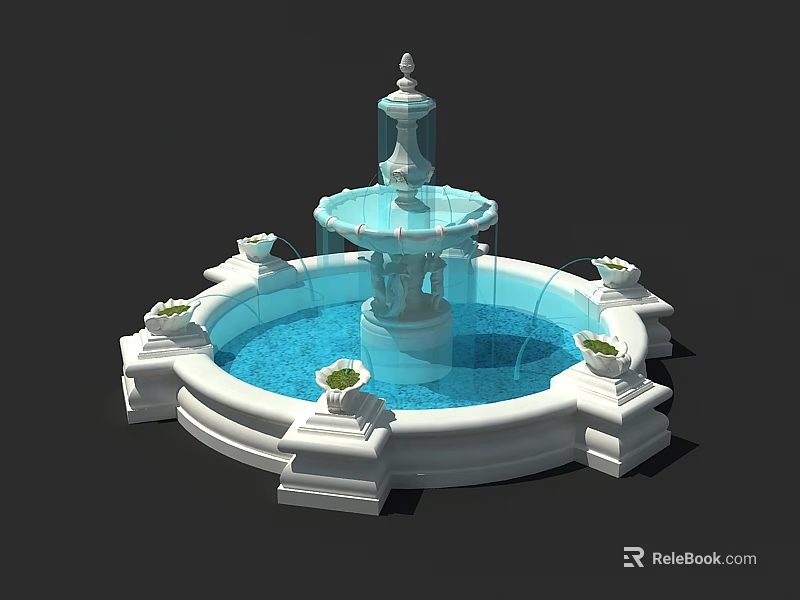 White Multi Tiered Garden Fountain With Surrounding Flower Pots And Flowing Water 3d model 