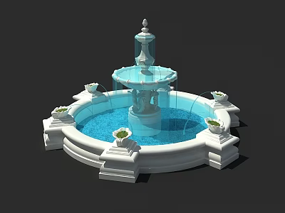 White Multi Tiered Garden Fountain With Surrounding Flower Pots And Flowing Water 3d model
