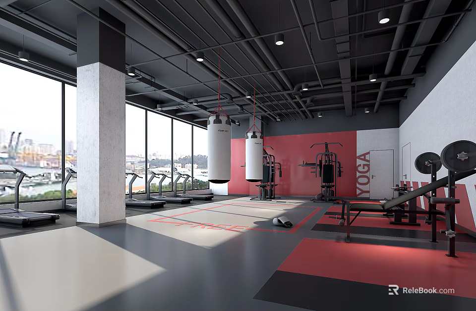 Modern Gym With Open Space Large Windows Treadmills Punching Bags Red Walls And Gray Floors 3d model 