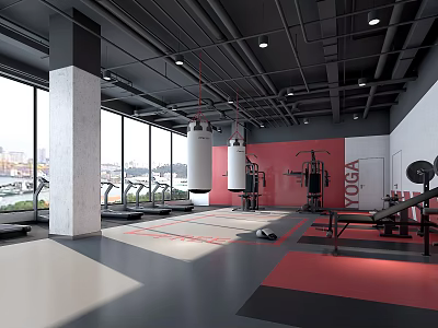 Modern Gym With Open Space Large Windows Treadmills Punching Bags Red Walls And Gray Floors 3d model