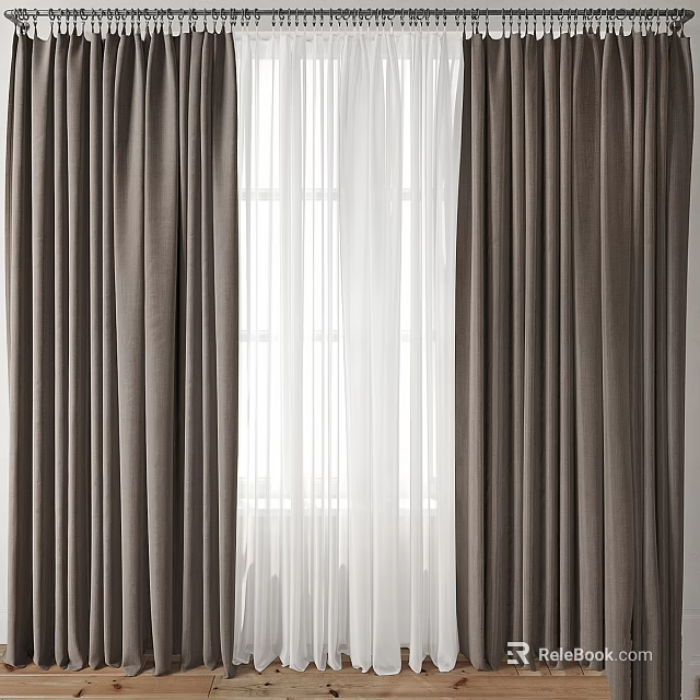 Brown And White Layered Curtains With Sheer Panels For Window Decoration 3d model 