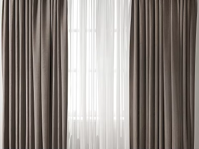 Brown And White Layered Curtains With Sheer Panels For Window Decoration 3d model