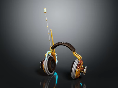 Game Movie Character Wearing Steampunk Mechanical Headphones Antenna Gold Brown Silver Glowing Blue Details 3d model