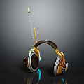 Game Movie Character Wearing Steampunk Mechanical Headphones Antenna Gold Brown Silver Glowing Blue Details